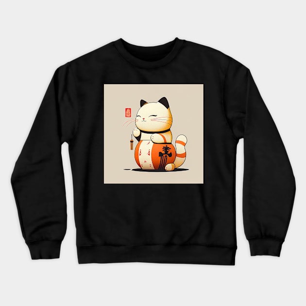 Japanese Orange Lucky Cat Illustration Crewneck Sweatshirt by unrealartwork